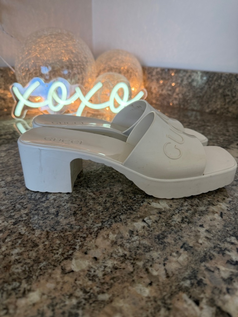 Gucci Women's Ivory Embossed Logo Slide Sandals - Picture 10 of 15